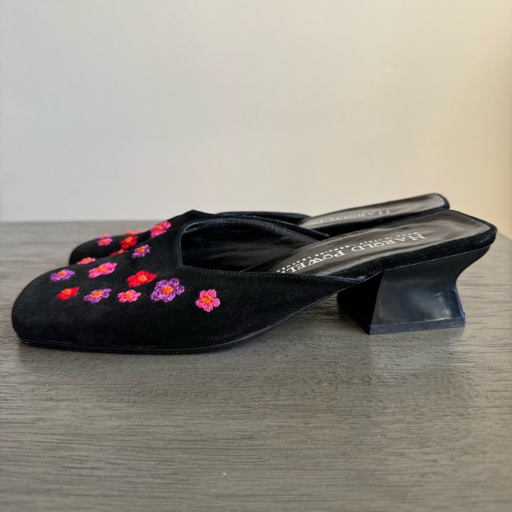 Vintage Embroidered Kitten Heels Mules Harold Powell Leather Suede Block Heels - Picture 5 of 12